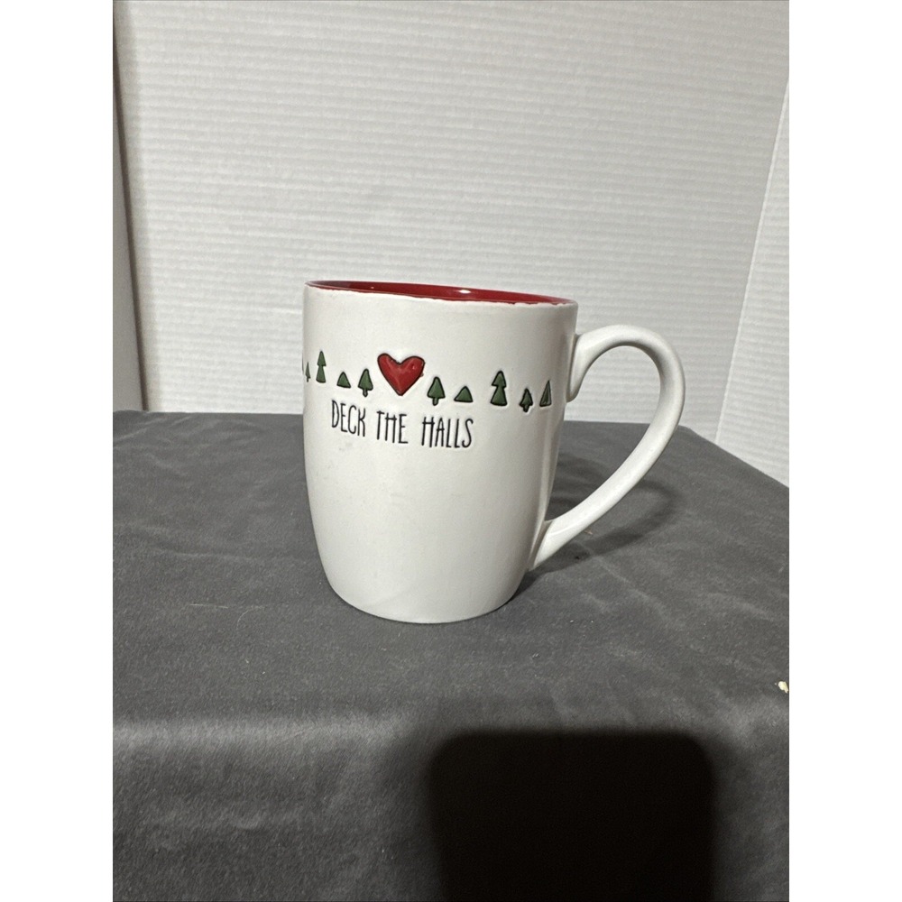 Peppermint & Pine Deck The Halls Christmas Mug Embossed Christmas Trees Hearts‎